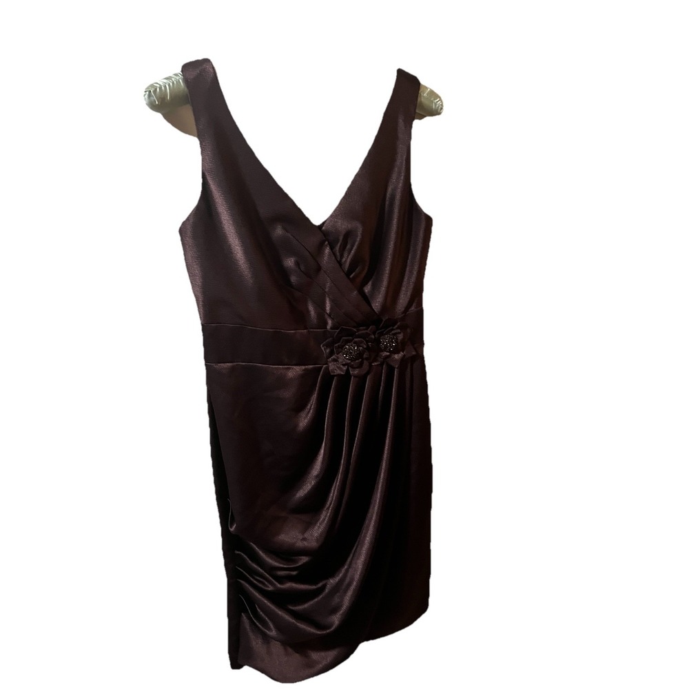 David's Bridal Cocktail‎ Dress Womens 4 Brown Excellent Satin Floral Ruched Mini